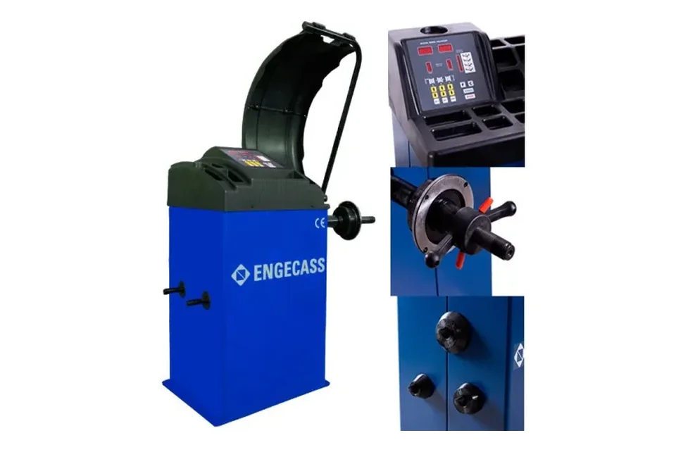 Balanceadora de rodas Engecass azul com detalhes do painel, do eixo de fixação e dos pinos